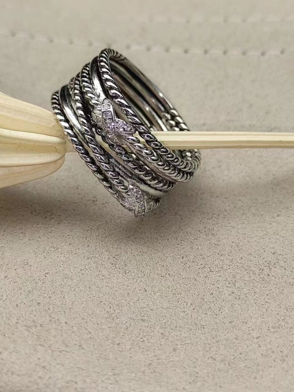 David Yurman Sterling Silver Multi-Band Cable Ring with Polished Accents - Picture 2 of 5